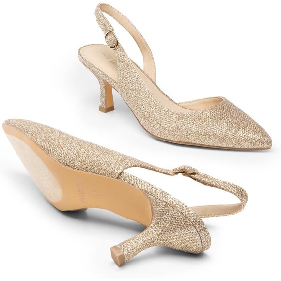 Dream Pairs Women Gold-glitter Faux Suede Pointed Toe Slingback Low Kitten Heels - Picture 3 of 7